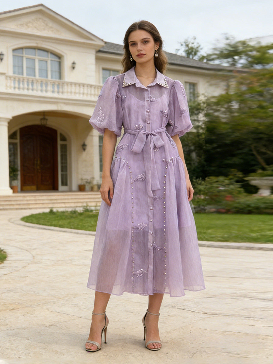 Spring Puff Sleeve Solid Color Waist Tight Collared Patchwork Maxi Dress Two Piece Elegant Dress for Women by Ragazza