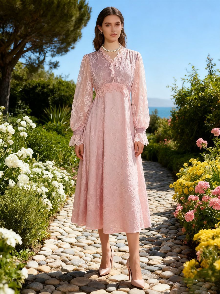 Lace Long Sleeve Elegant Dress Autumn High Sense V neck Waist Controlled Slimming Dress Women by Ragazza