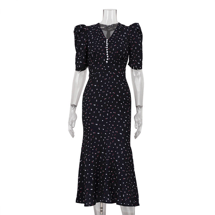 Women Clothing Digital Printing Summer French Short Sleeve Dress V neck Pleated High Waist Floral Maxi Dress by Ragazza