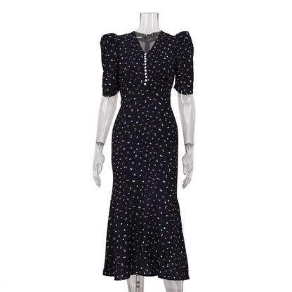Women Clothing Digital Printing Summer French Short Sleeve Dress V neck Pleated High Waist Floral Maxi Dress by Ragazza