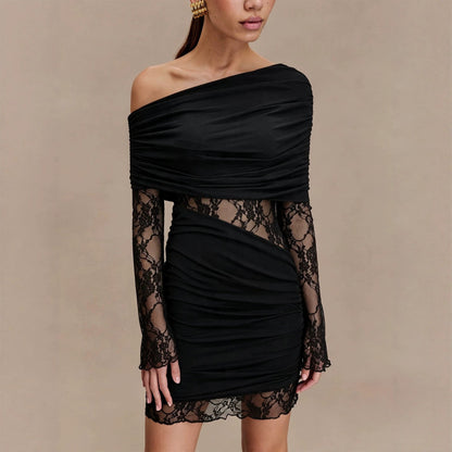 Sexy Shoulder Long Sleeve Dress Women Lace Patchwork Waist Slimming Slimming Hip Dress  DestGlow