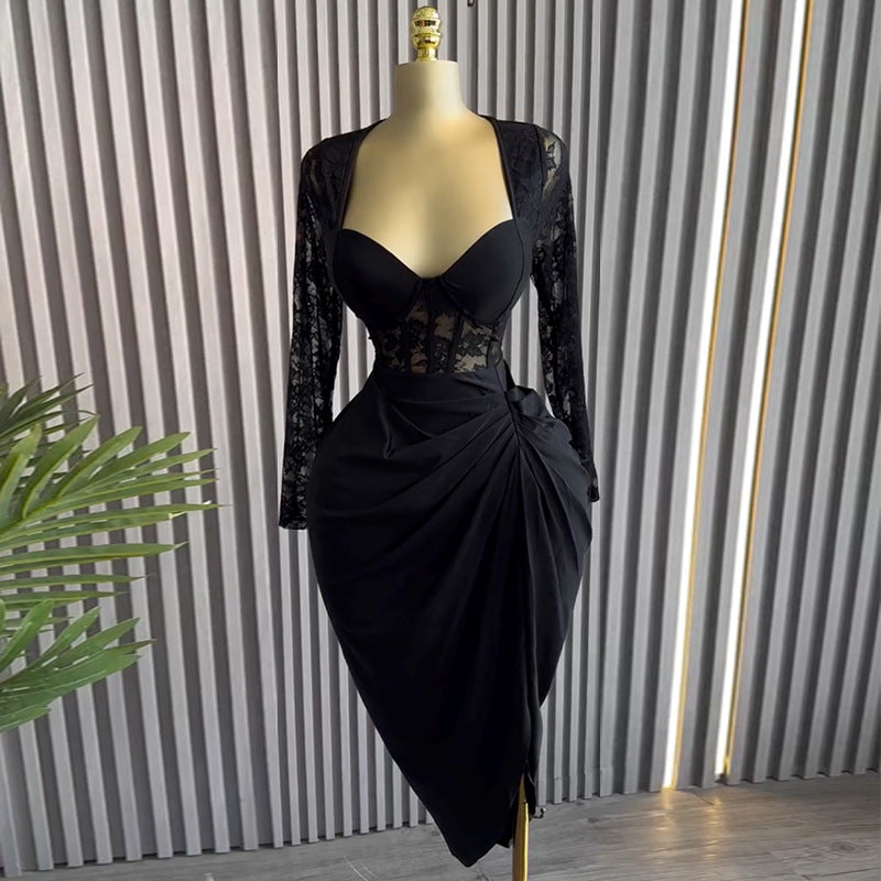 Women Clothing Spring Elegant Square Collar Lace Long Sleeve High Waist Slimming Midi Dress by Ragazza