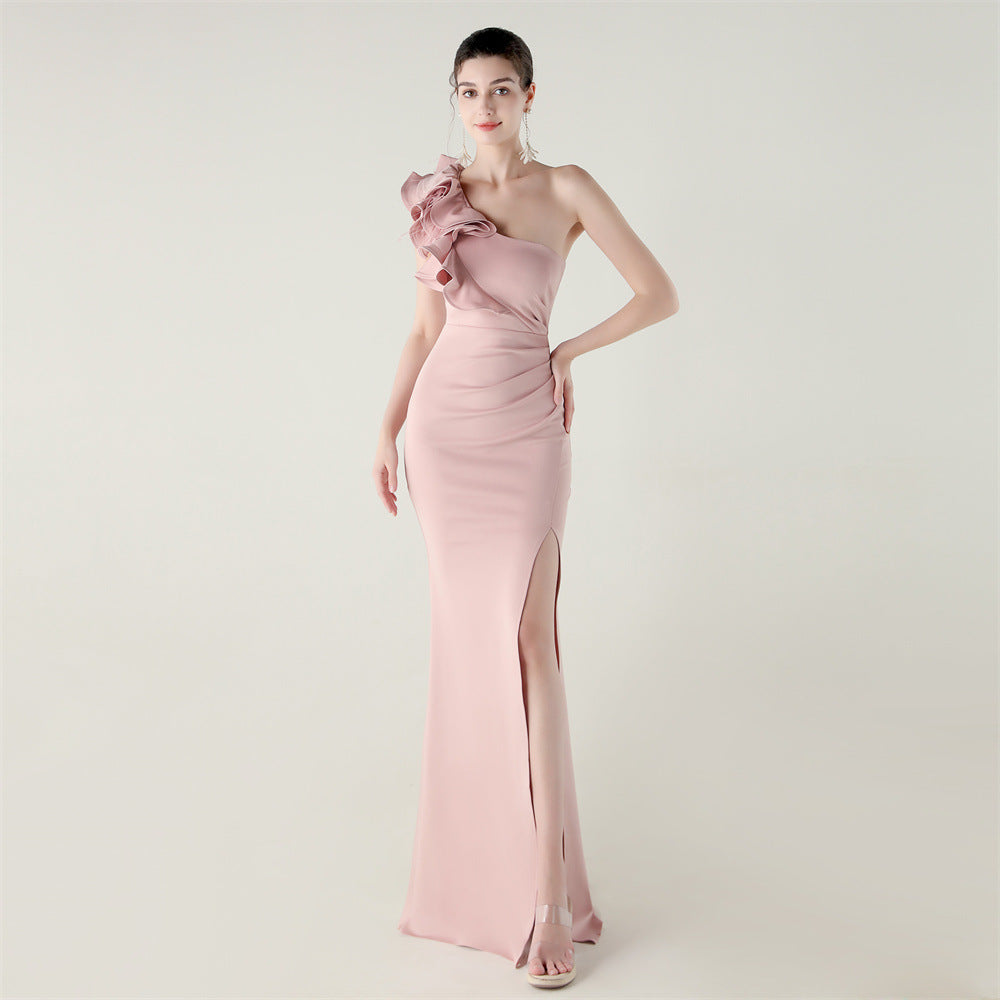 One Shoulder Craft Wave the Craft of Design Gross Satin High Slit Sexy Evening Dress Dinner Party Wedding Social Networking by Ragazza
