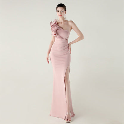 One Shoulder Craft Wave the Craft of Design Gross Satin High Slit Sexy Evening Dress Dinner Party Wedding Social Networking by Ragazza