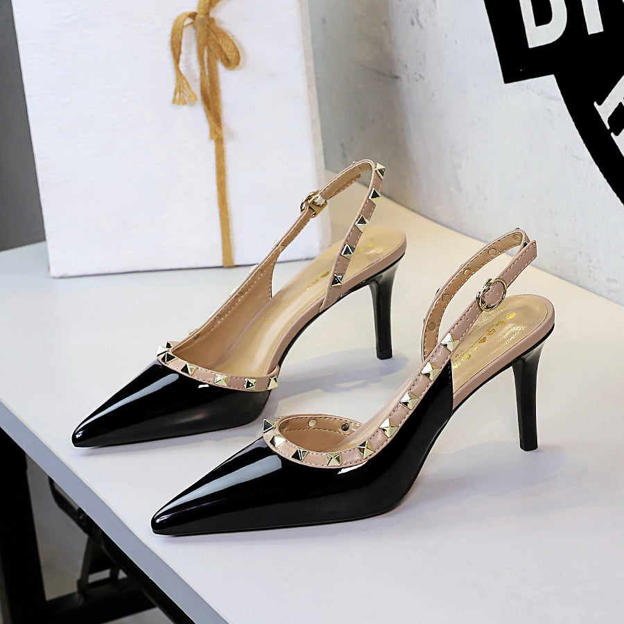 Hollow Out Cutout Sexy Decorative Rivets Pointed High Grade Patent Leather Ankle Strap Buckle Stiletto Women Shoes  DestGlow