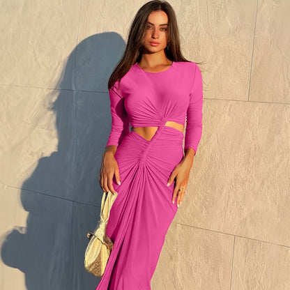 Autumn Winter Women Clothing Fashionable Pleated round Neck High Slit Slim Fit Long Sleeved Dress  DestGlow