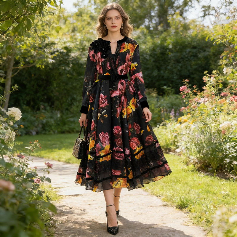 Spring High Grade Printed V neck Dress Tight Waist Slimming Flared Sleeves Stitching Lace Dress Women by Ragazza