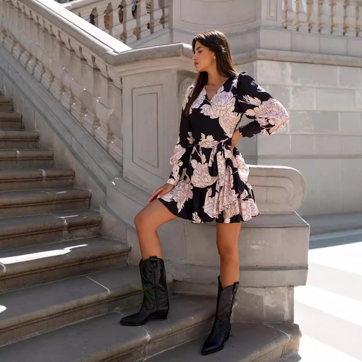 Women Clothing Autumn Printed V neck Long Sleeve Ruffles Dress by Ragazza
