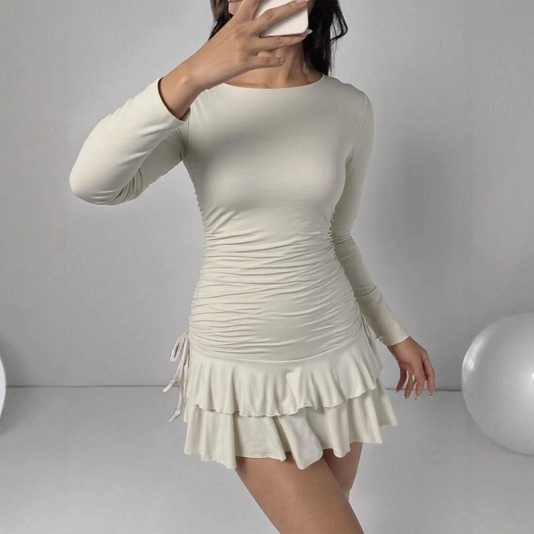 Sexy Slim Long Sleeve Tiered Dress Drawstring Graceful Fashionable Women Short Dress by Ragazza