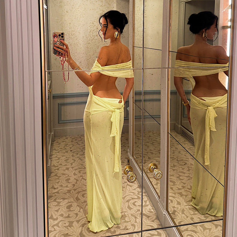 Spring Women Solid Color Sexy Sheer Mesh Design Backless Sheath Dress by Ragazza