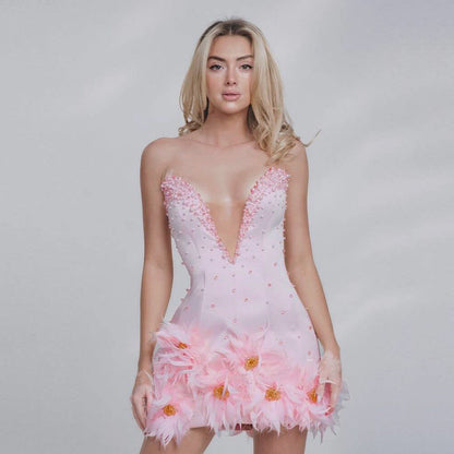 Tube Top Beads Rhinestones Bandage One Piece Dress Pink Feather Ladies Party Cocktail Evening Dress by Ragazza