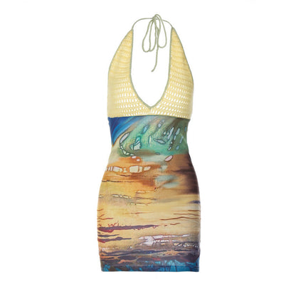 Spring Sexy Printing Stitching Wool Deep V Plunge Halter Sheath Dress for Women by Ragazza
