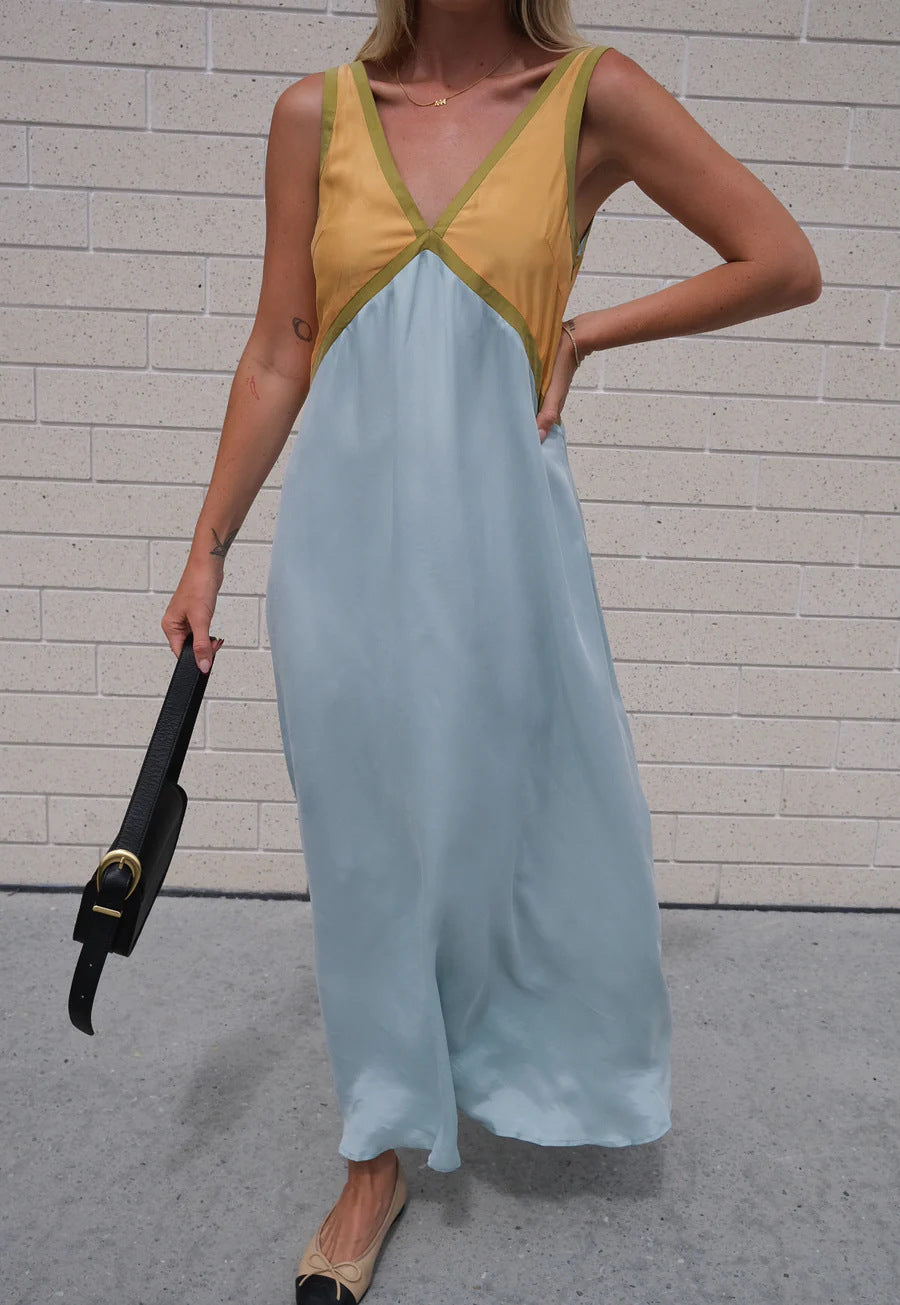 Fashionable V Neck Sleeveless Color Matching Cuprammonuium Large Swing Dress Spring Summer by Ragazza