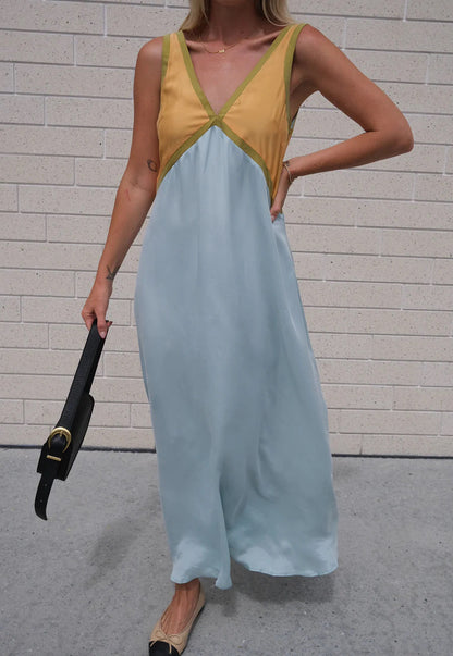 Fashionable V Neck Sleeveless Color Matching Cuprammonuium Large Swing Dress Spring Summer by Ragazza
