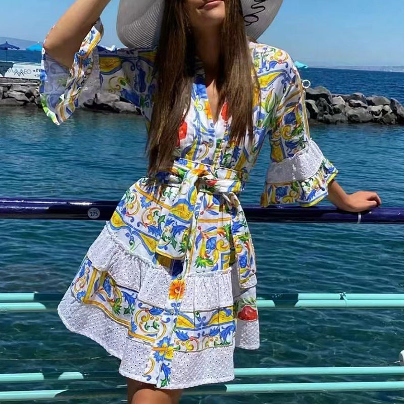 French Bohemian Vacation Spring V Neck Bell Sleeve Embroidered Printed Tied Dress Women by Ragazza