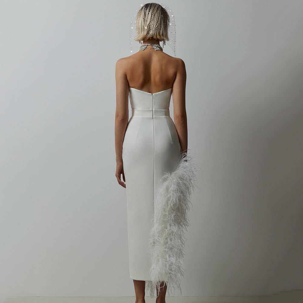 Sexy Split Tube Top Side Feather Bandage Slim Elastic Party Midi Dress Dress by Ragazza