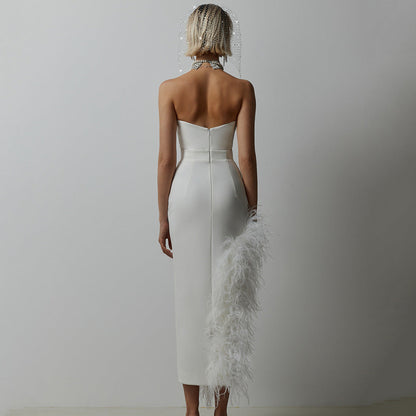 Sexy Split Tube Top Side Feather Bandage Slim Elastic Party Midi Dress Dress by Ragazza