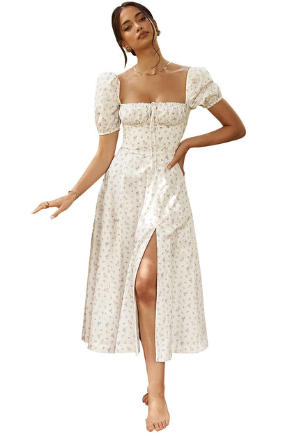 Women Summer Top Product Puff Sleeve Floral Tie Neck High Slit Women Dress Summer by Ragazza