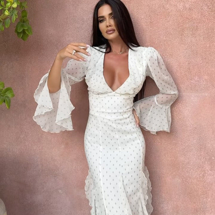 Spring Autumn Digital Printed Chiffon Dress Women Design Ruffled Bell Sleeve High Waist Maxi Dress by Ragazza