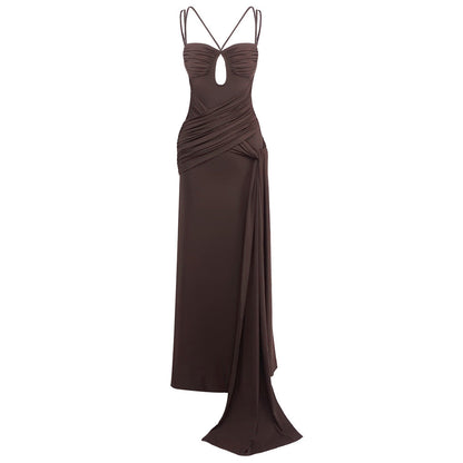Dress Sexy Slim Fit Maxi Dress Backless Brown Pleating Ribbon Dress by Ragazza