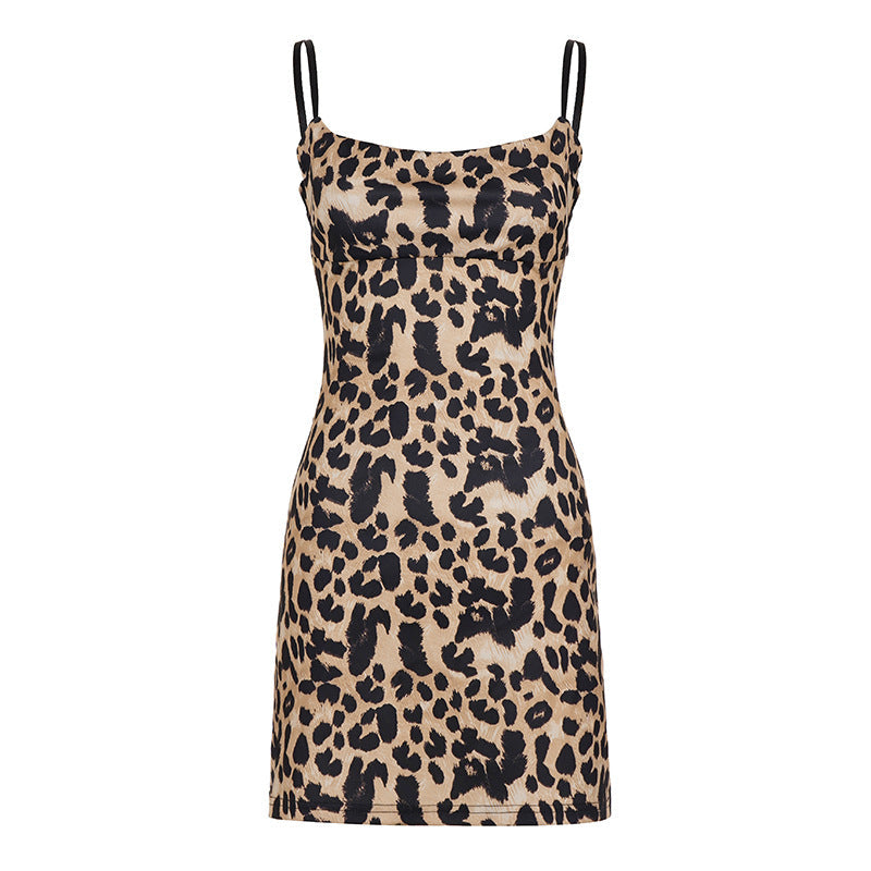 Leopard Print Backless Lace up Tight Waist Slim Vacation Strap Dress Spaghetti Strap A line Dress  DestGlow