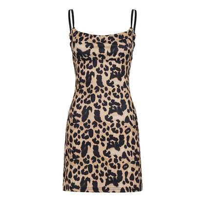 Leopard Print Backless Lace up Tight Waist Slim Vacation Strap Dress Spaghetti Strap A line Dress  DestGlow
