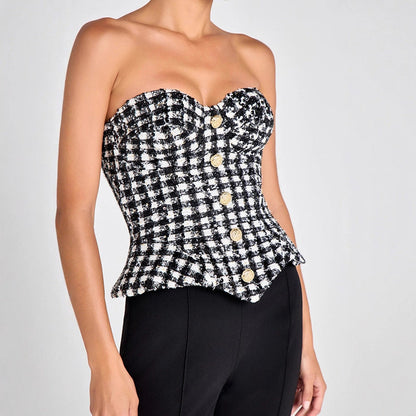 Classic Plaid Tube Top Drawstring Slim Fit Top Retro Women Clothing Party by Ragazza