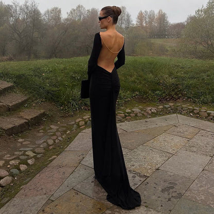Autumn Winter Women Sexy Backless Chain Decoration Slim Fit Long Sleeved Dress by Ragazza