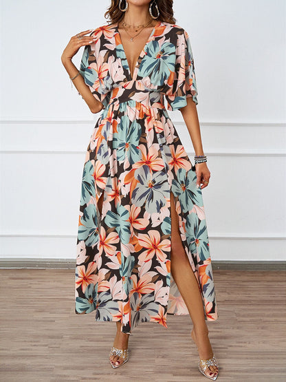 Summer Floral Print Maxi Dress Elastic Band Waist Tight Big V neck Short Sleeve Dress for Women by Ragazza