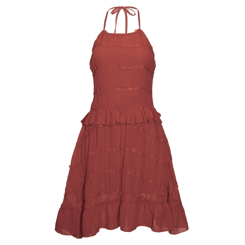 Halter Lace up Backless Waist Trimming Large Dress Layered Ruffled Short Dress by Ragazza