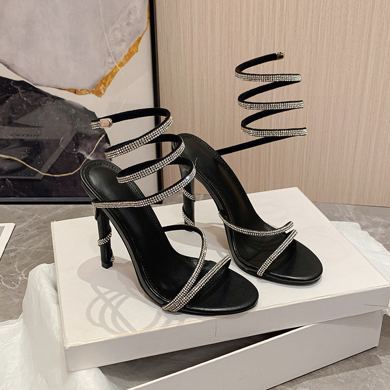 Summer Snake Shaped Rhinestone High Heel Shoes Internet Celebrity Fairy Winding Stiletto Sandals Women  DestGlow