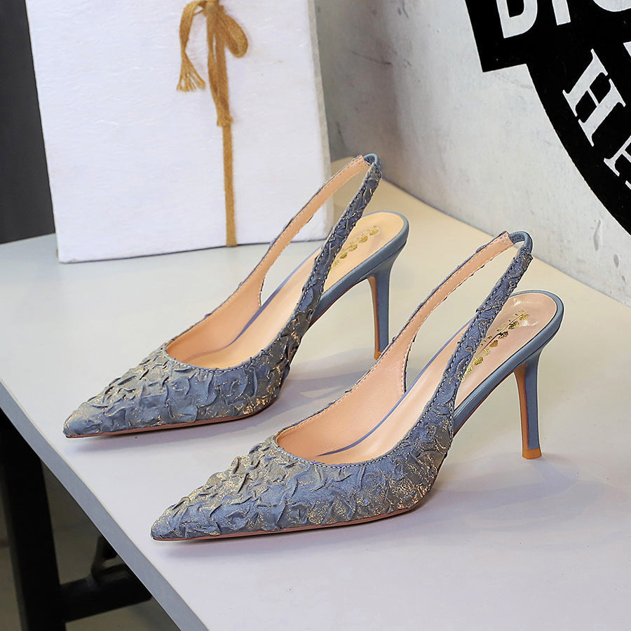 Elegant Pleated Satin Stiletto Women Shoes Pointed Toe Shallow Mouth Cocktail Hollow Out Cutout Back Strap High Heel Sandals  DestGlow