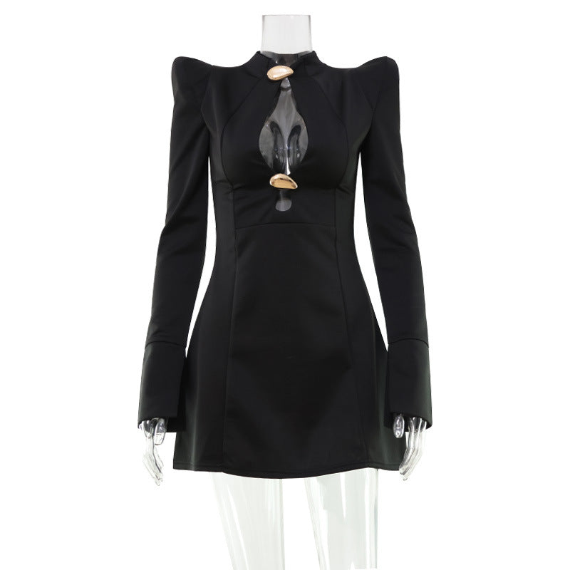 Autumn Winter Women Clothing Hollow Out Cutout Sexy Padded Shoulder Solid Color Waist Tight Design Dress by Ragazza