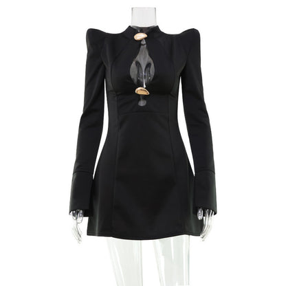 Autumn Winter Women Clothing Hollow Out Cutout Sexy Padded Shoulder Solid Color Waist Tight Design Dress by Ragazza