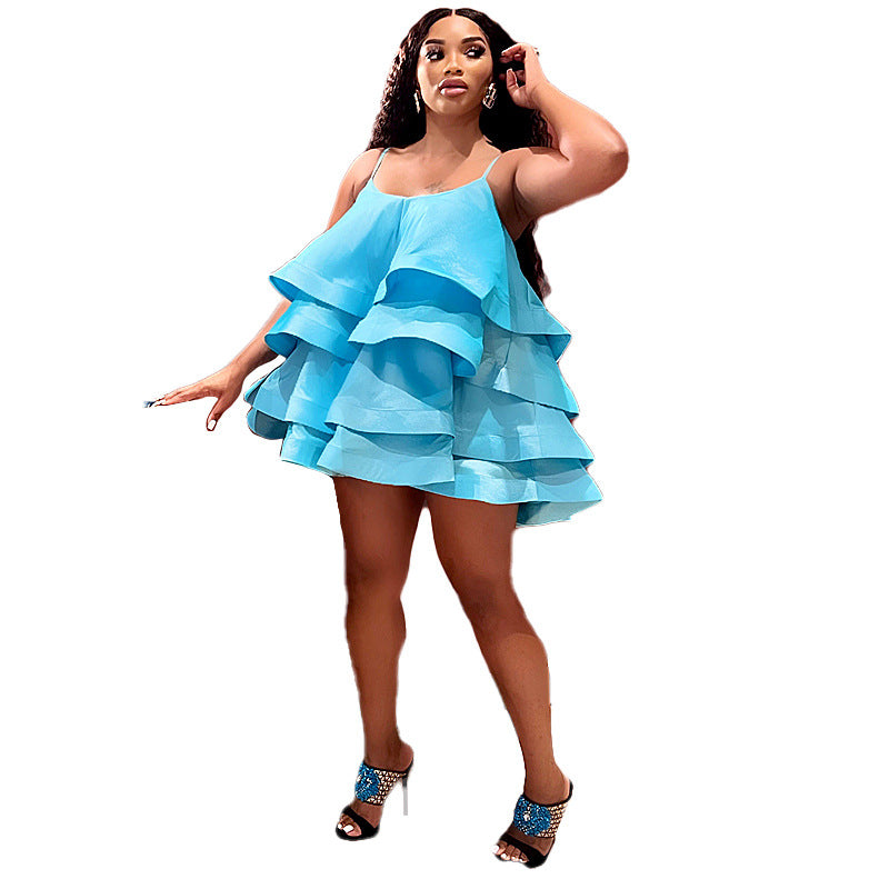 Spring Summer Women Braces Ruffled Tiered Dress Sexy Suspenders Dress by Ragazza