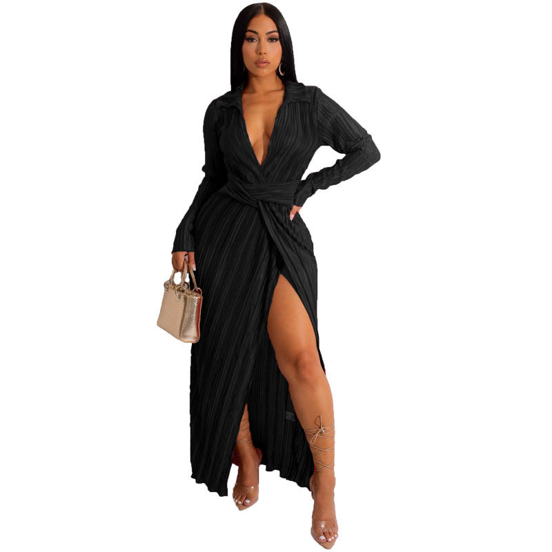 Sexy Slit Dress Autumn Winter V neck Long Sleeve Pleated Dress by Ragazza