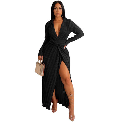 Sexy Slit Dress Autumn Winter V neck Long Sleeve Pleated Dress by Ragazza