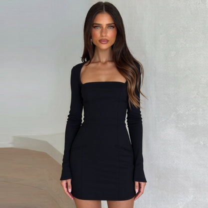 Women Autumn French Solid Color Square Collar Long Sleeve Tight Waist Slimming Tight Sheath Dress by Ragazza