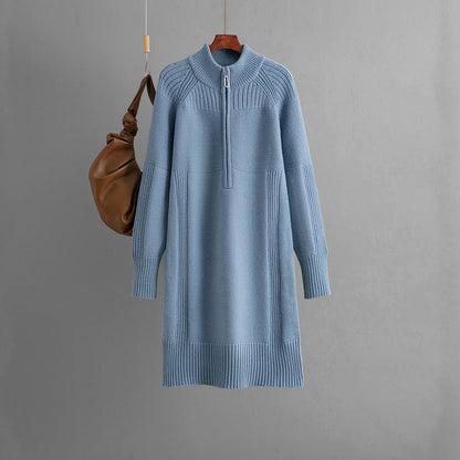 Zipper Woolen Autumn Winter Long Sleeve Thick Loose Mid Length Knitted Dress by Ragazza