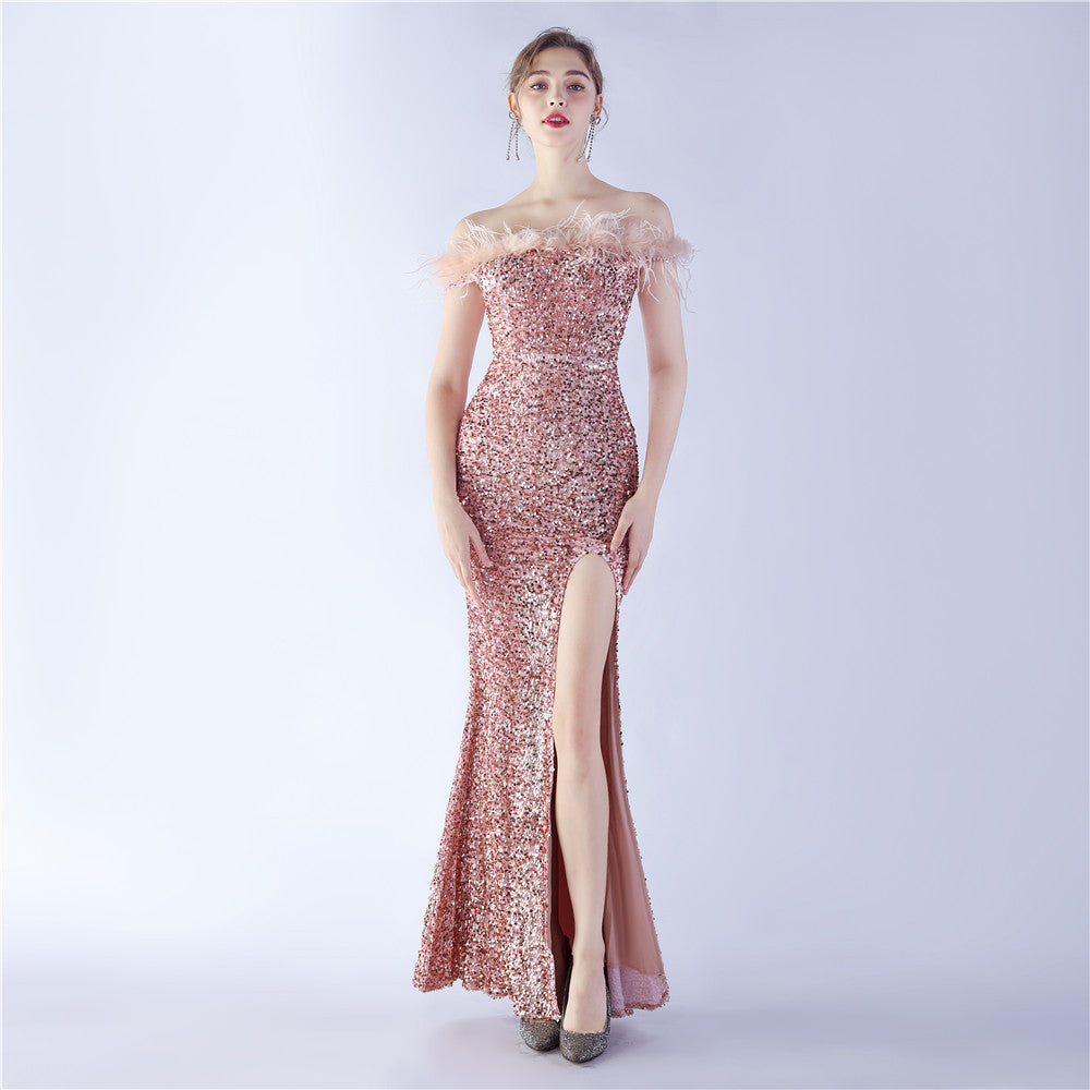 Velvet Bottom Sequin Craft Order Ostrich Hair off-Shoulder High End Evening Dress by Ragazza
