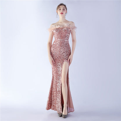 Velvet Bottom Sequin Craft Order Ostrich Hair off-Shoulder High End Evening Dress by Ragazza