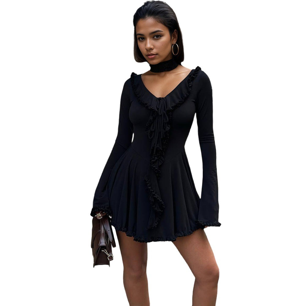 Long Sleeve V neck Flounce Chiffon Patchwork Fashionable Stylish Slim Slimming A line Dress by Ragazza