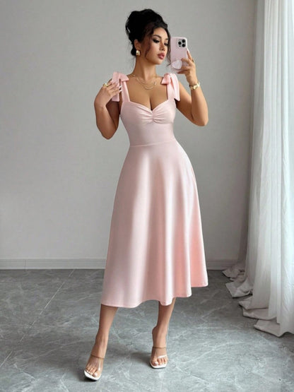 Spring Summer Solid Color Tied Dress Waist Slimming Elegant Graceful Maxi Dress by Ragazza