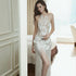 Elegant Embroidered Three Dimensional Floral Mesh Tassel Backless Halter Formal Dress  DestGlow