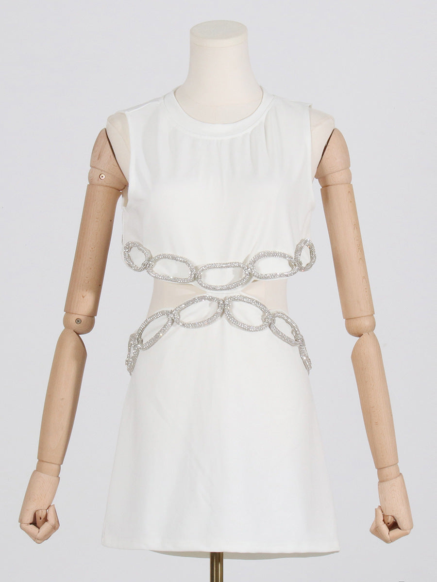 Street Sexy round Neck Sleeveless Waist Hollow Out Cutout Jeweled Design Short Slim Dress by Ragazza
