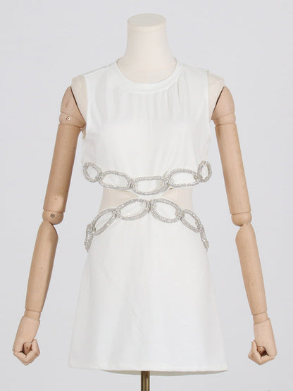 Street Sexy round Neck Sleeveless Waist Hollow Out Cutout Jeweled Design Short Slim Dress by Ragazza