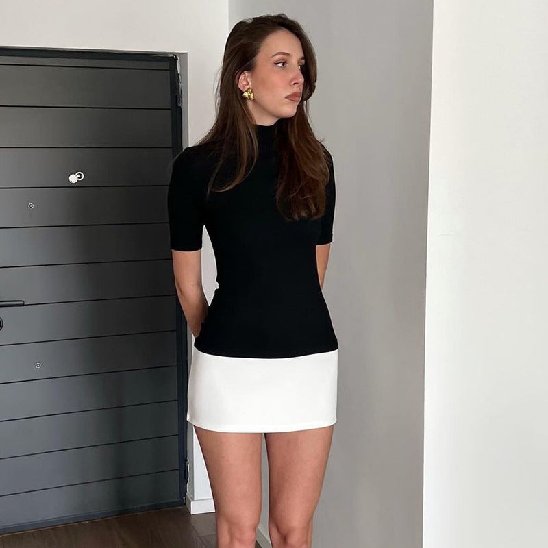 Women Clothing Spring Personality Stitching Contrast Color Half Turtleneck Half Sleeve Skinny Sheath Dress by Ragazza