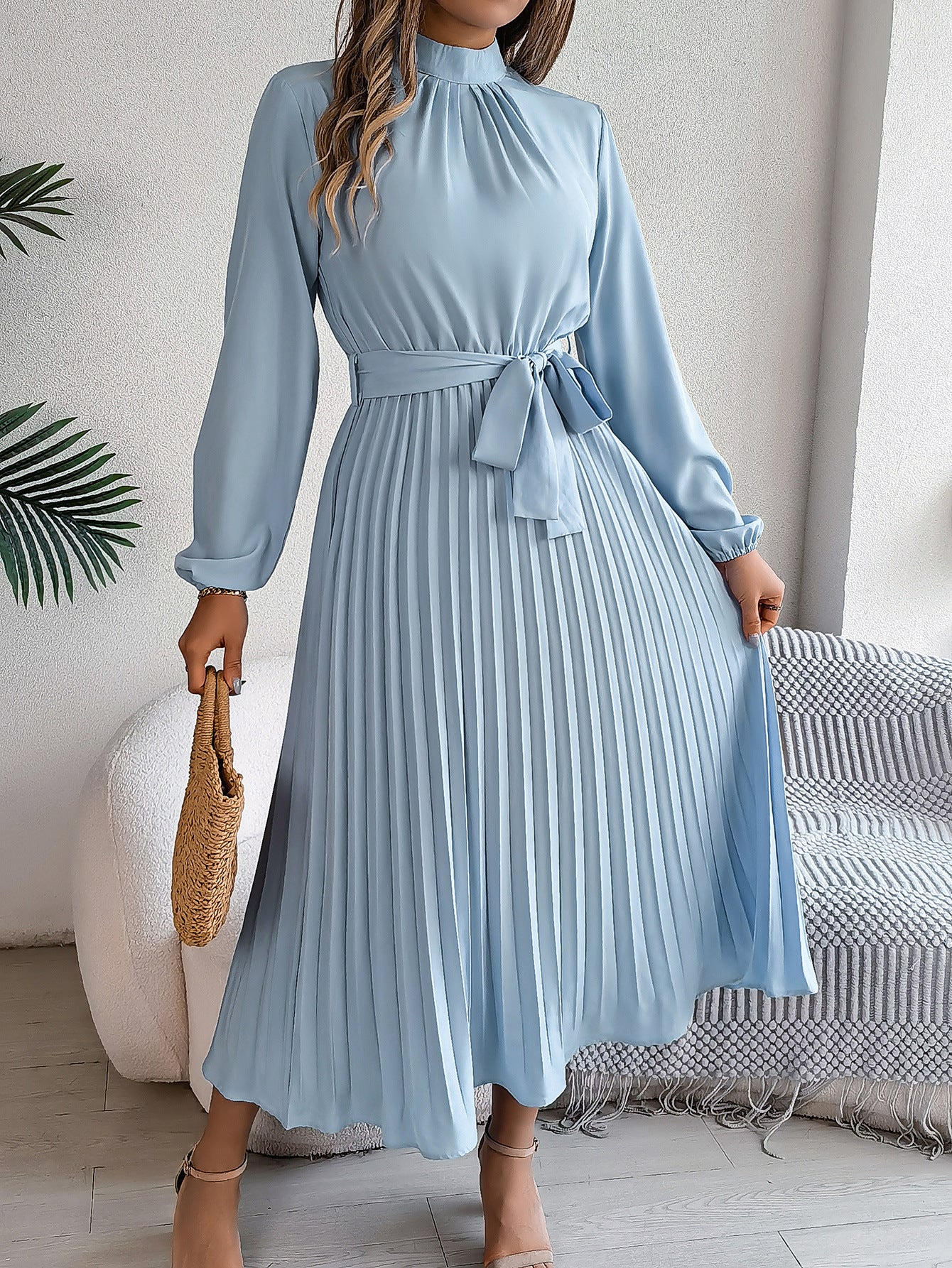 Autumn Winter Elegant Stand Collar Long Sleeve Cinched Pleated Maxi Dress Small Dress Women Clothing  DestGlow