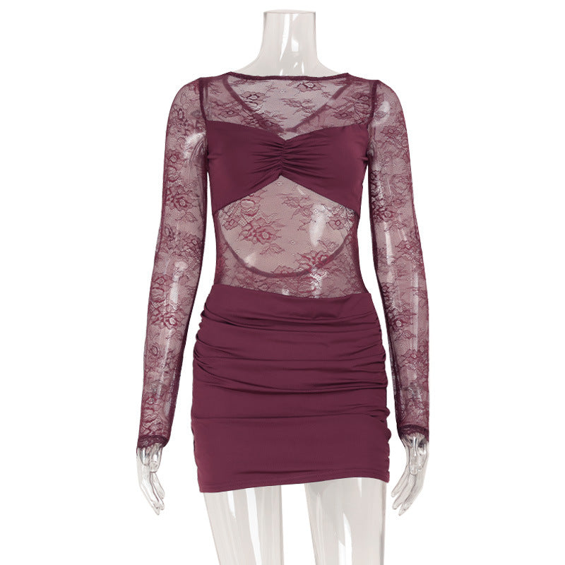 Sexy Night Club Women Sexy Lace Micro Transparent Stitching Long Sleeve Narrow Short Dress by Ragazza