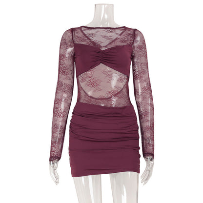 Sexy Night Club Women Sexy Lace Micro Transparent Stitching Long Sleeve Narrow Short Dress by Ragazza